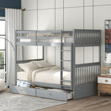 Twin-Over-Twin Bunk Bed with Ladders and Two Storage Drawers (Gray) - Home Elegance USA