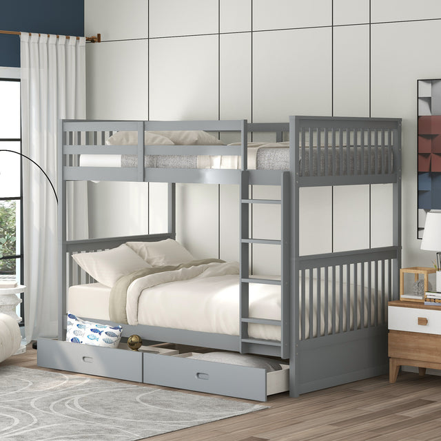 Twin-Over-Twin Bunk Bed with Ladders and Two Storage Drawers (Gray) - Home Elegance USA