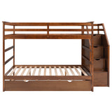 Full-over-Full Bunk Bed with Twin Size Trundle and 3 Storage Stairs,Walnut - Home Elegance USA