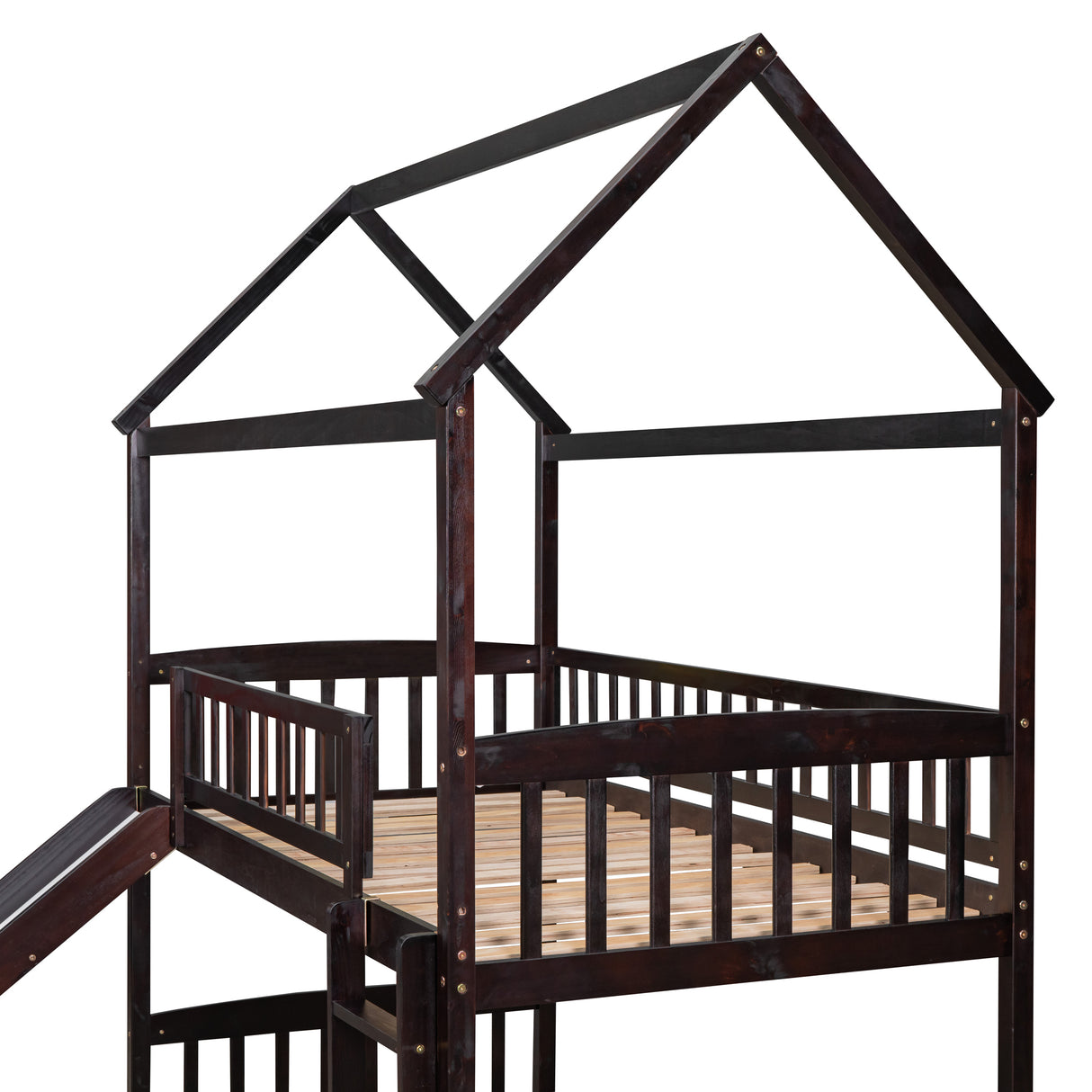 Twin Over Twin Bunk Bed with Slide, House Bed with Slide, Espresso(OLD SKU: LT000213AAP) - Home Elegance USA