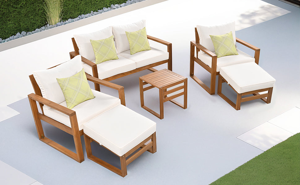TOPMAX Outdoor Patio Wood 6-Piece Conversation Set, Sectional Garden Seating Groups Chat Set with Ottomans and Cushions for Backyard, Poolside, Balcony, Beige - Home Elegance USA