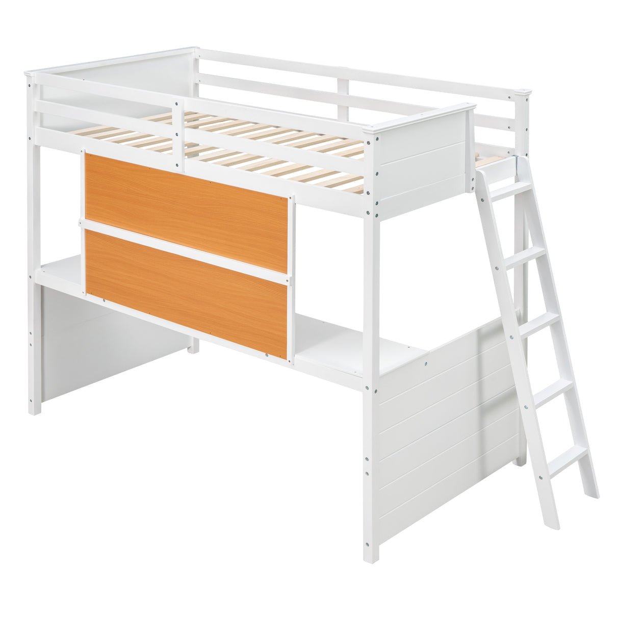 Twin size Loft Bed with Desk and Writing Board, Wooden Loft Bed with Desk - White - Home Elegance USA