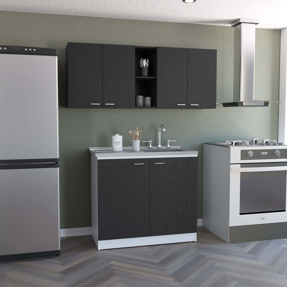 Luther 2 Piece Kitchen Set, Olimpo 150 Wall Cabinet  + Salento Utility Sink With Cabinet, Black / White