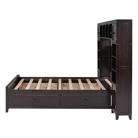 Full Size Wooden Bed With All-in-One Cabinet and Shelf, Espresso - Home Elegance USA