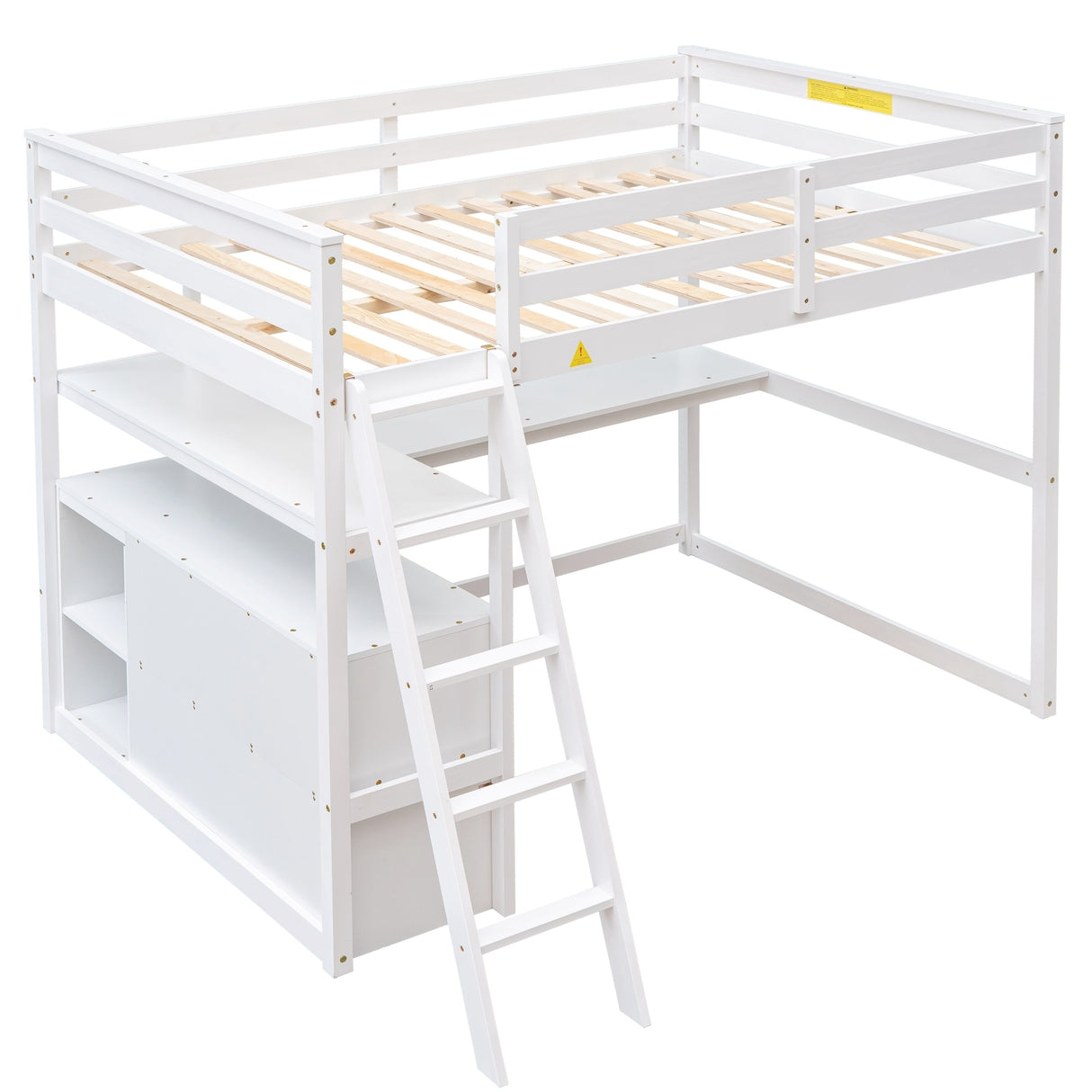 Full Size Loft Bed with Desk and Shelves,Two Built-in Drawers,White - Home Elegance USA