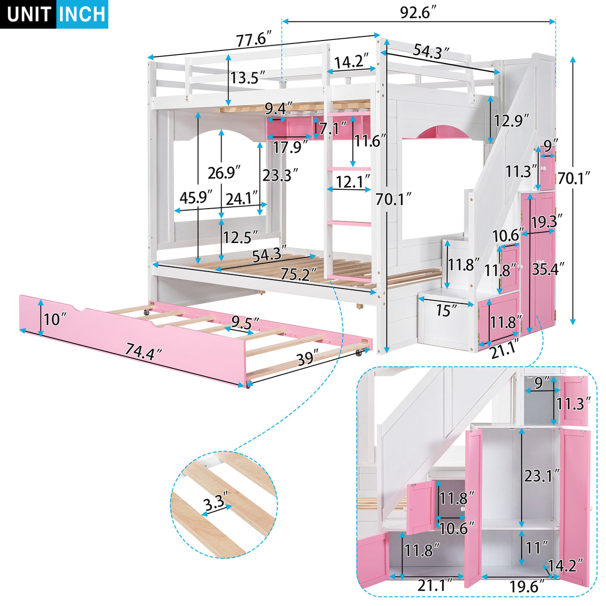 Full Over Full Bunk Bed with Trundle ,Stairs,Ladders Solid Wood Bunk bed with Storage Cabinet （White + Pink） - Home Elegance USA