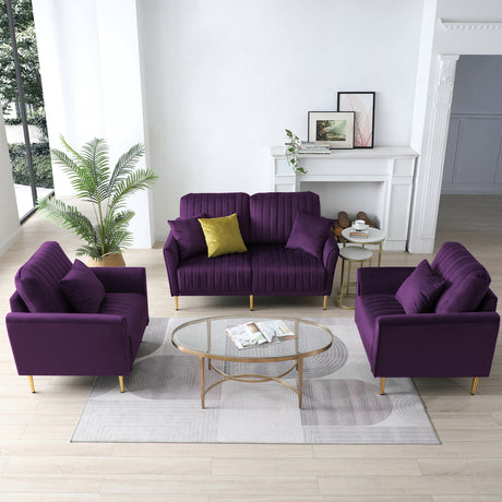 Mid Century Modern Sectional Sofa Set, Couch Sets for Living Room 3 Pieces, 2 Piece Fabric Arm Chair and 1 Piece Loveseat Set For Living Room, Purple Velvet Home Elegance USA