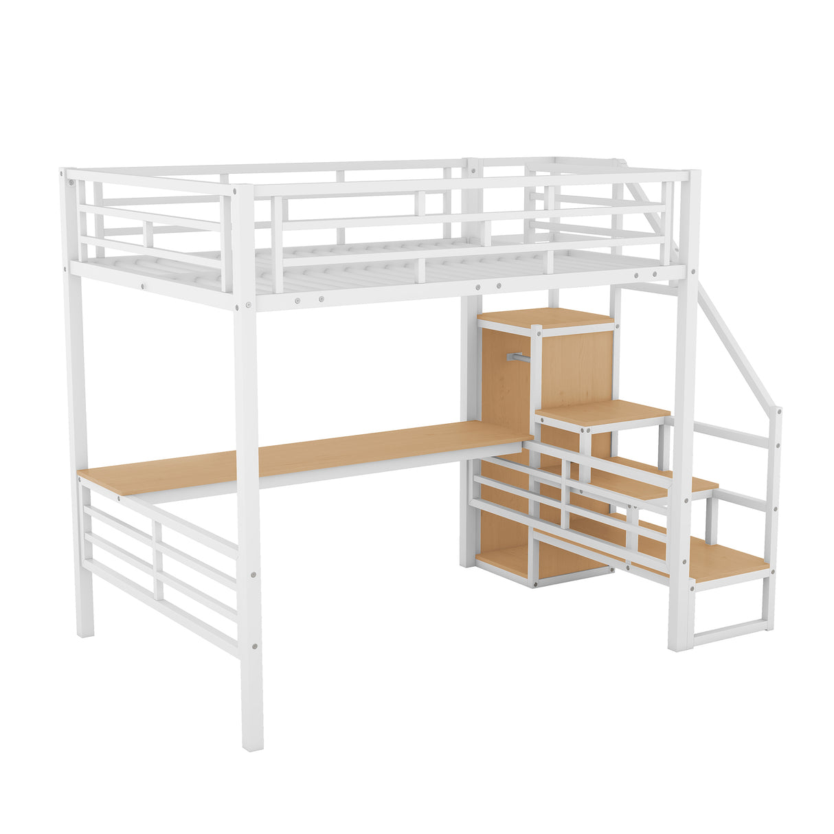 Full Size Metal Loft Bed with Desk, Storage Staircase and Small Wardrobe, Storage stairs can be installed left and right, White - Home Elegance USA