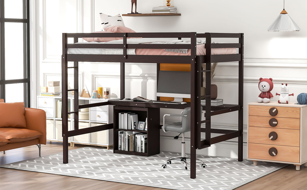 Full size Loft Bed with Desk and Writing Board, Wooden Loft Bed with Desk & 2 Drawers Cabinet- Espresso - Home Elegance USA