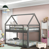 Twin over Twin Low Bunk Bed, House Bed with Ladder , Gray(OLD SKU:WF197808AAE) - Home Elegance USA