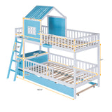 Twin over Twin Bunk Bed with Twin Size Trundle , Farmhouse Bed with Storage Box and Drawer - Blue - Home Elegance USA