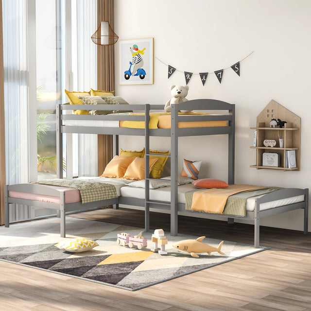 Twin over Twin over Twin Bed L-shaped Bunk Bed, Pine Wood Bed Frame, Gray - Home Elegance USA