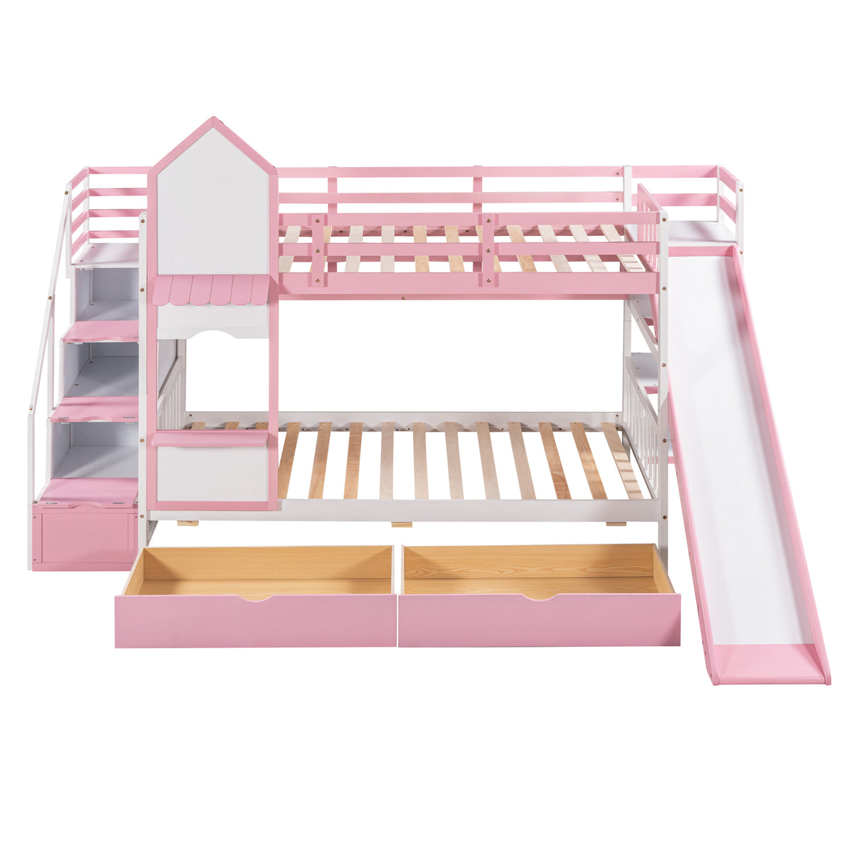 Twin-Over-Twin Castle Style Bunk Bed with 2 Drawers 3 Shelves and Slide - Pink