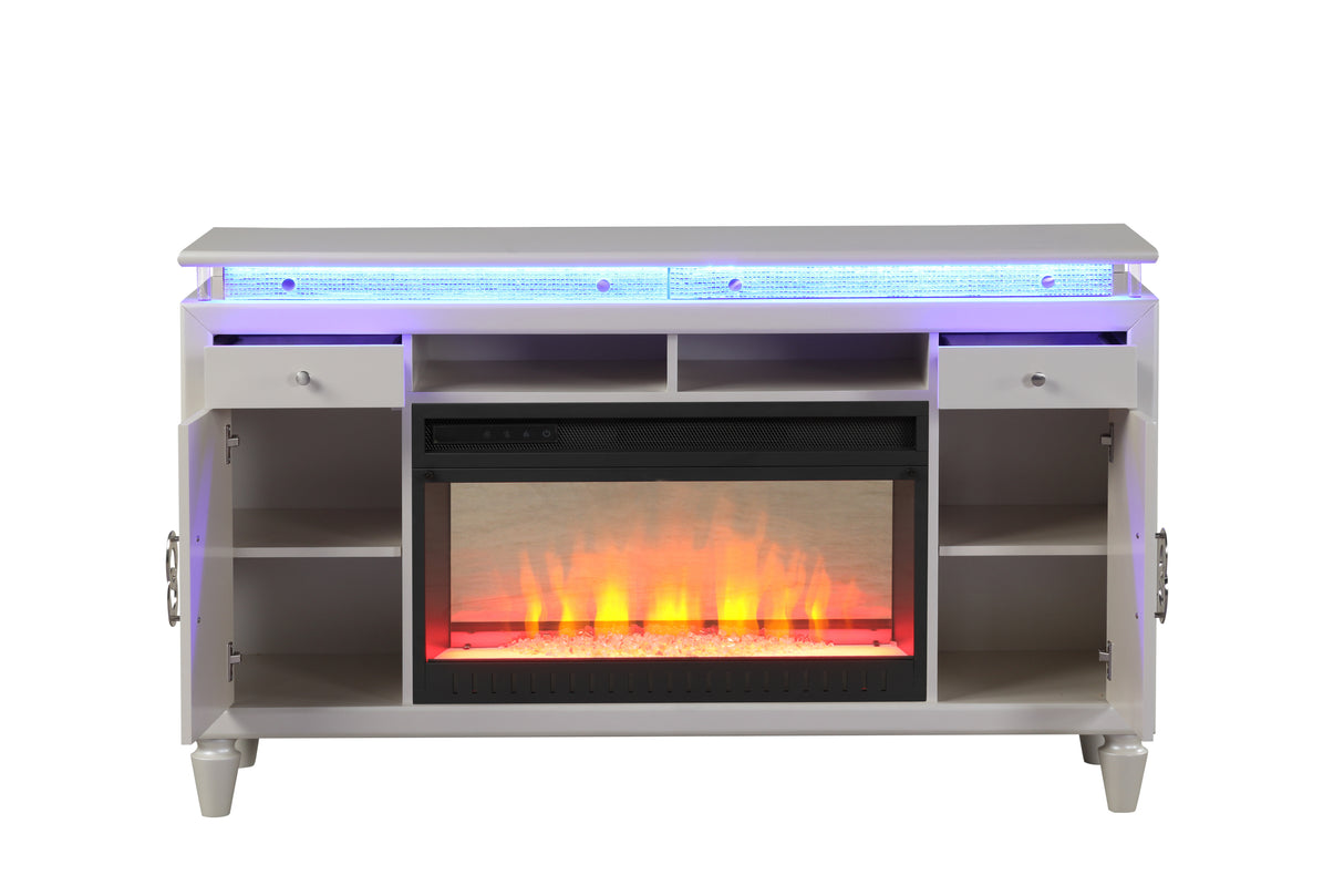 Perla TV Stand With Electric Fireplace in Milky White Home Elegance USA