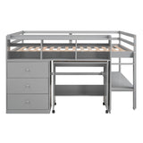 Full Size Low Loft Bed with Rolling Portable Desk, Drawers and Shelves,  Gray - Home Elegance USA