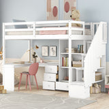 Twin Size Loft Bed with L-Shaped Desk and Drawers, Cabinet and Storage Staircase, White - Home Elegance USA