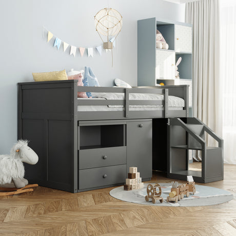 Loft Bed Low Study Twin Size Loft Bed With Storage Steps and Portable,Desk,Gray(OLD SKU: LT000101AAE) - Home Elegance USA