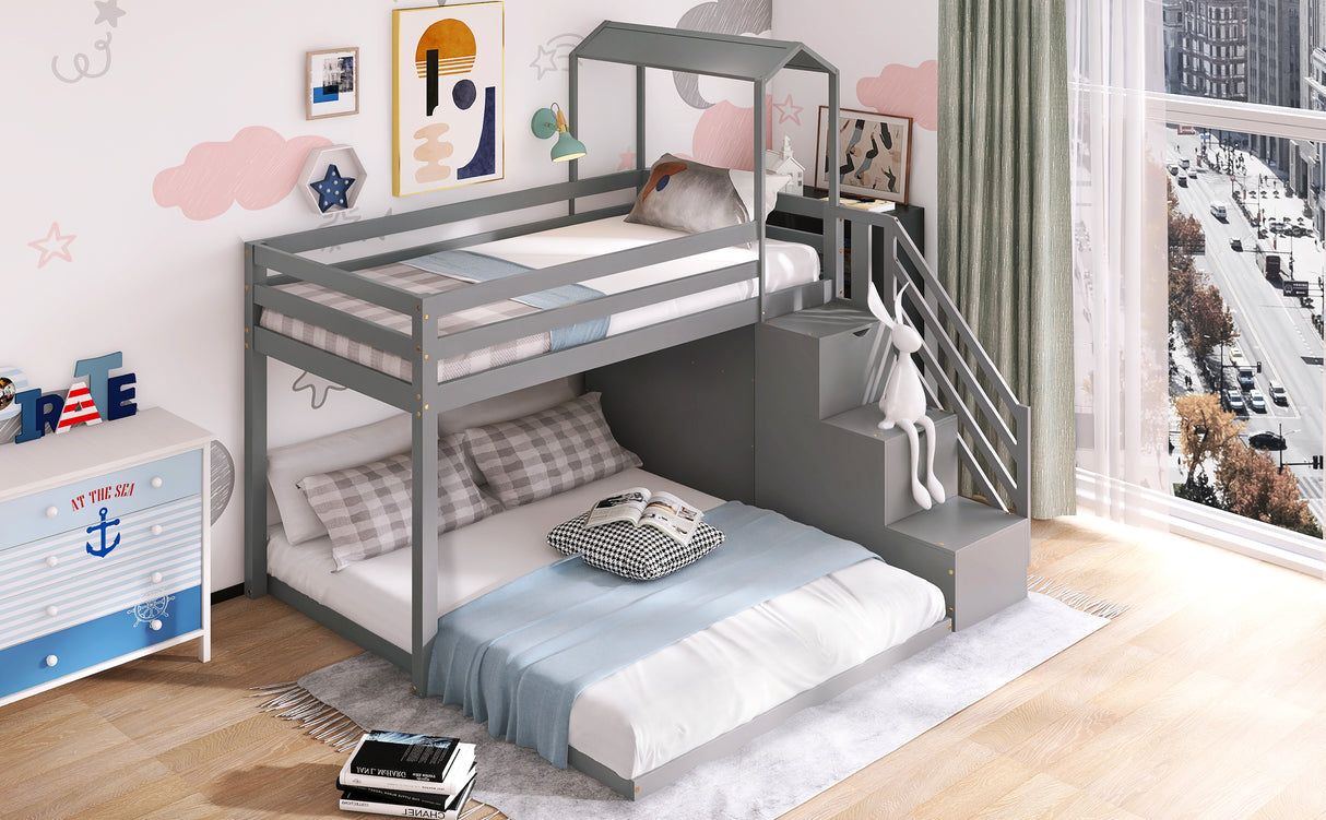 Twin over Full House Roof Bunk Bed with Staircase and Shelves, Gray - Home Elegance USA