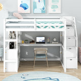 Full Size Loft Bed with Desk and Shelves, Two Built-in Drawers, Storage Staircase, White