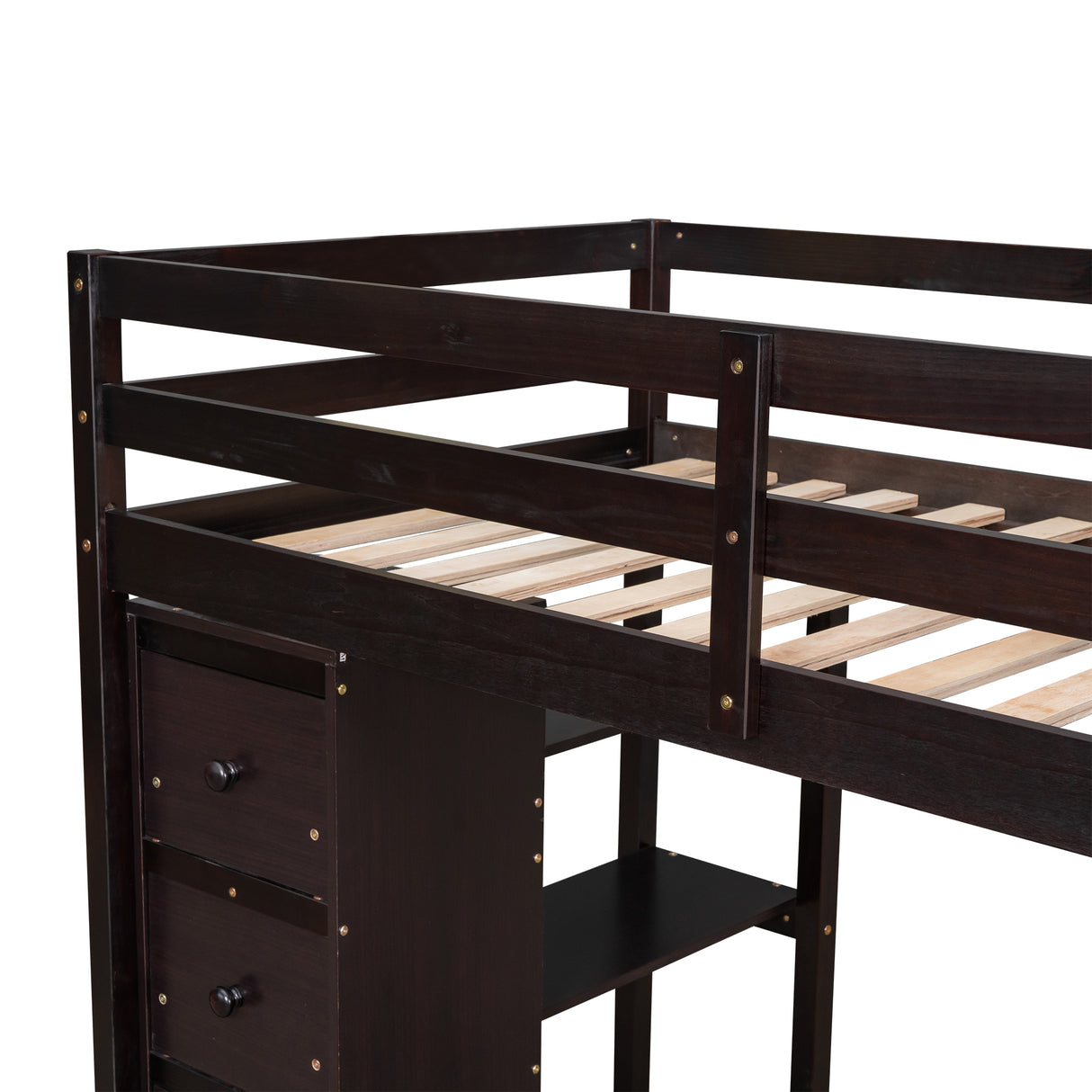 Twin size Loft Bed with Storage Drawers ,Desk and Stairs, Wooden Loft Bed with Shelves - Espresso - Home Elegance USA