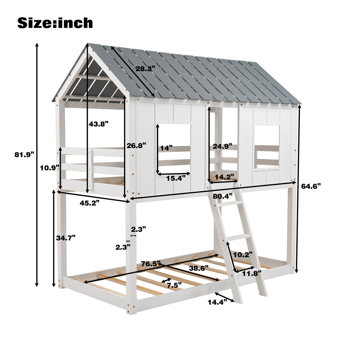 Twin over Twin Size Low Bunk Beds with Roof and Fence-shaped Guardrail, White - Home Elegance USA