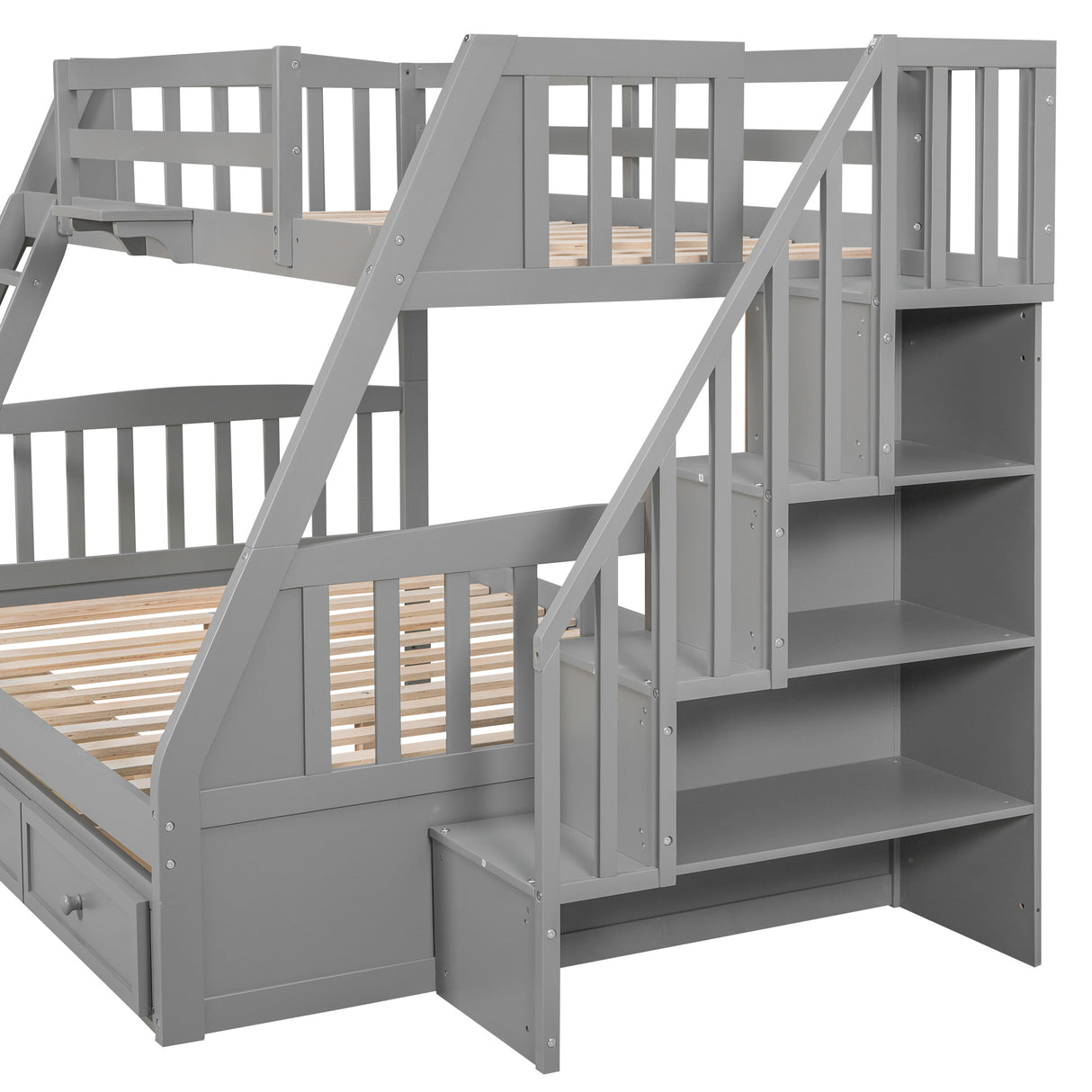 Twin-Over-Full Bunk Bed with Drawers，Ladder and Storage Staircase, Gray - Home Elegance USA