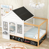 Twin Size House Shaped Canopy Bed with Black Roof and White Window,Blackboard and Little Shelf,White - Home Elegance USA