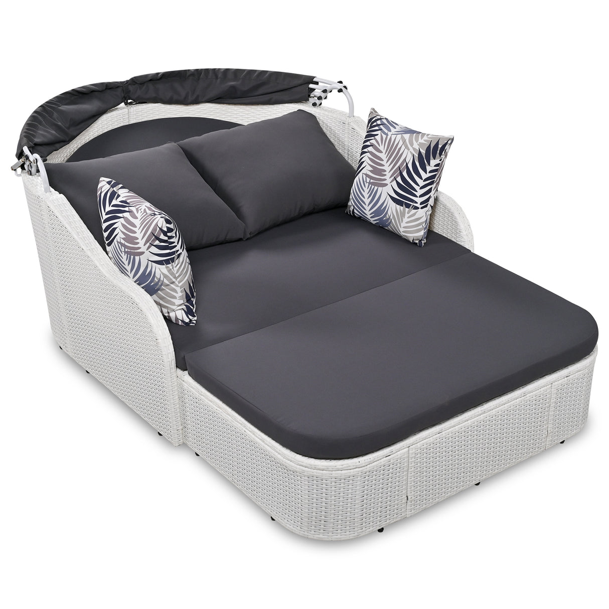 GO 79.9" Outdoor Sunbed with Adjustable Canopy, Double lounge, PE Rattan Daybed, White Wicker, Gray Cushion