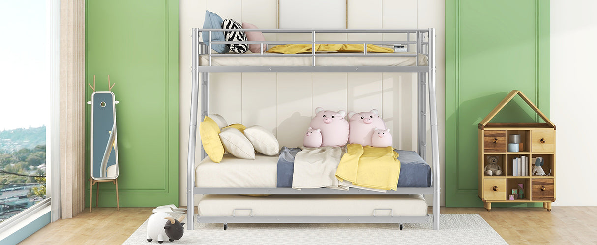 Twin over Full Bed with Sturdy Steel Frame, Bunk Bed with Twin Size Trundle, Two-Side Ladders, Silver