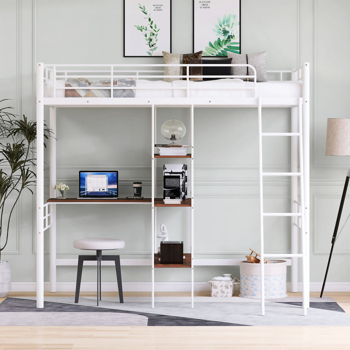 Twin Size Metal Loft Bed and Built-in Desk and Shelves,White（OLD SKU:WF280270AAK） - Home Elegance USA