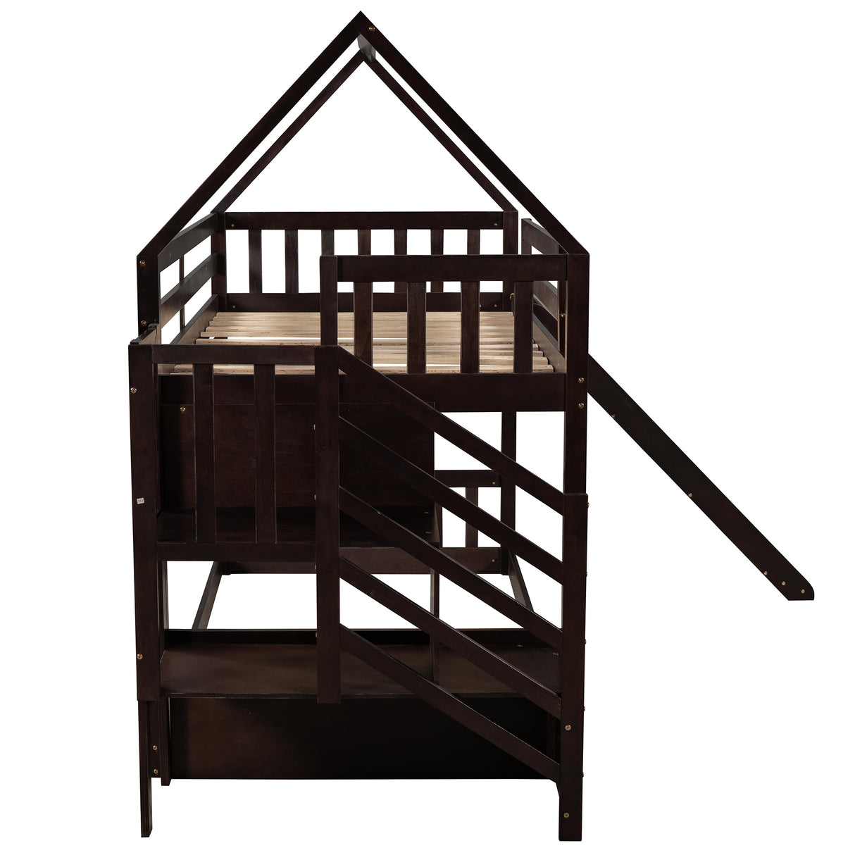 Twin over Twin House Bunk Bed with Slide and Storage Staircase,Espresso - Home Elegance USA