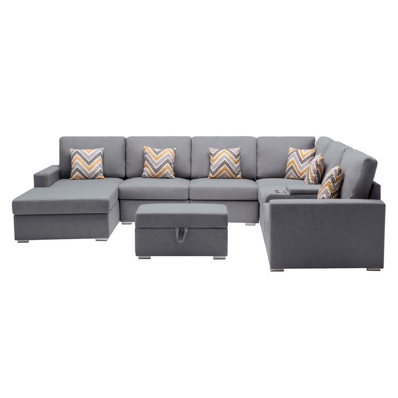 Nolan Gray Linen Fabric 8Pc Reversible Chaise Sectional Sofa with Interchangeable Legs, Pillows, Storage Ottoman, and a USB, Charging Ports, Cupholders, Storage Console Table - Home Elegance USA