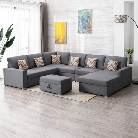 Nolan Gray Linen Fabric 7Pc Reversible Chaise Sectional Sofa with Interchangeable Legs, Pillows and Storage Ottoman - Home Elegance USA