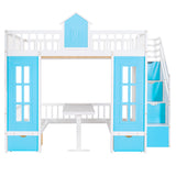 Full-Over-Full Bunk Bed with Changeable Table , Bunk Bed Turn into Upper Bed and Down Desk - Blue - Home Elegance USA