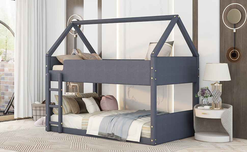 Twin Size Upholstery House Bunk Bed with Headboard and Footboard,Grey - Home Elegance USA