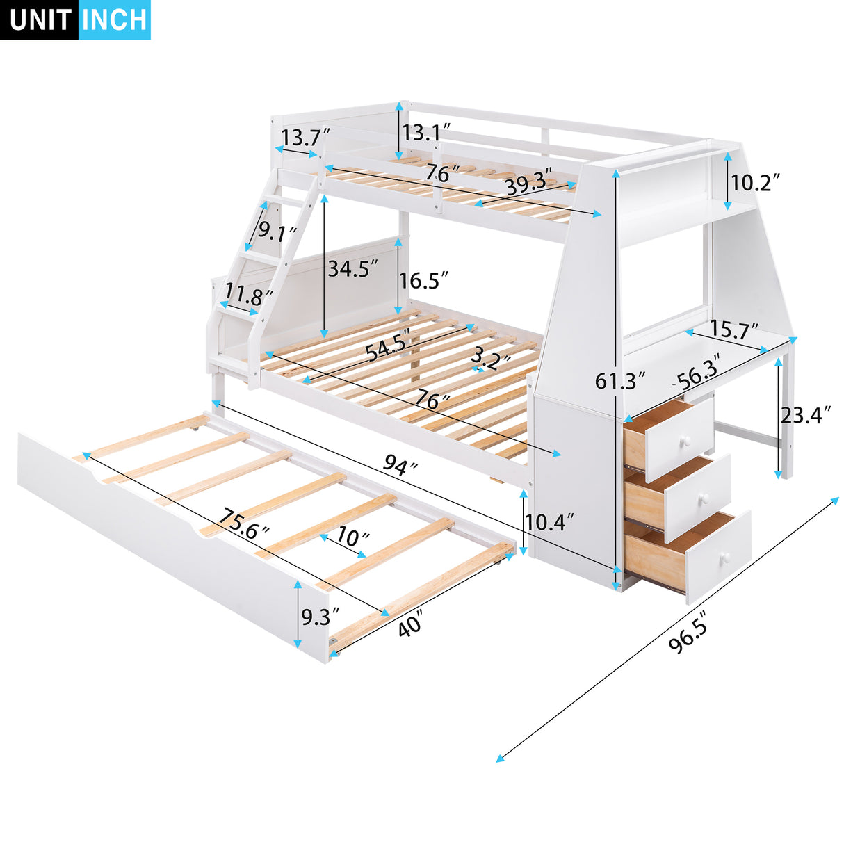 Twin over Full Bunk Bed with Trundle and Built-in Desk, Three Storage Drawers and Shelf,White - Home Elegance USA