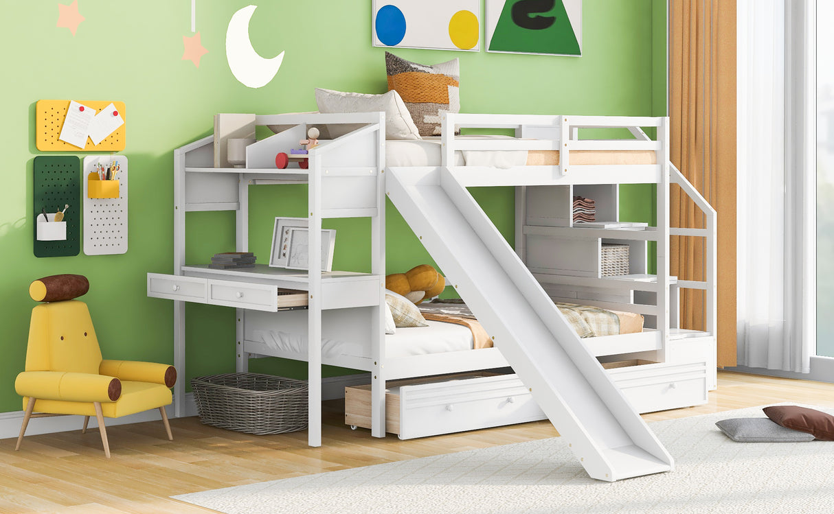 Twin over Twin Bunk Bed with Storage Staircase, Slide and Drawers, Desk with Drawers and Shelves, White - Home Elegance USA