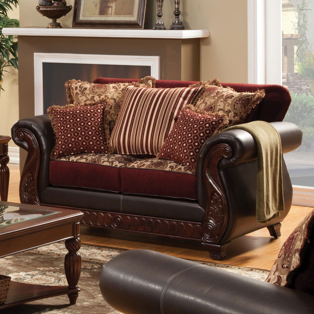 Franklin - Sofa & Loveseat - Burgundy / Espresso - Home Elegance USA