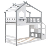 Stairway Twin-Over-Twin Bunk Bed,House Bed,Storage and Guard Rail,Gray Bed +White Stair - Home Elegance USA