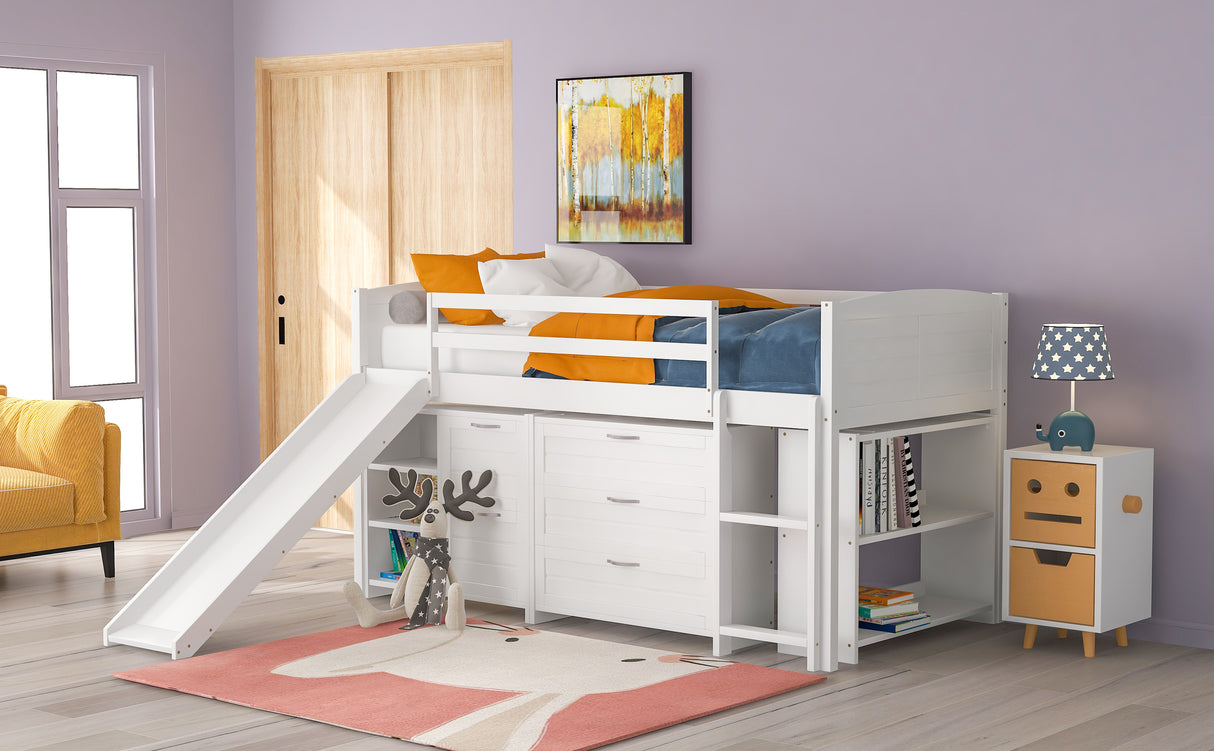 Low Twin Size Loft Bed with Cabinets, Shelves and Slide - White(OLD SKU :LP000503AAK)