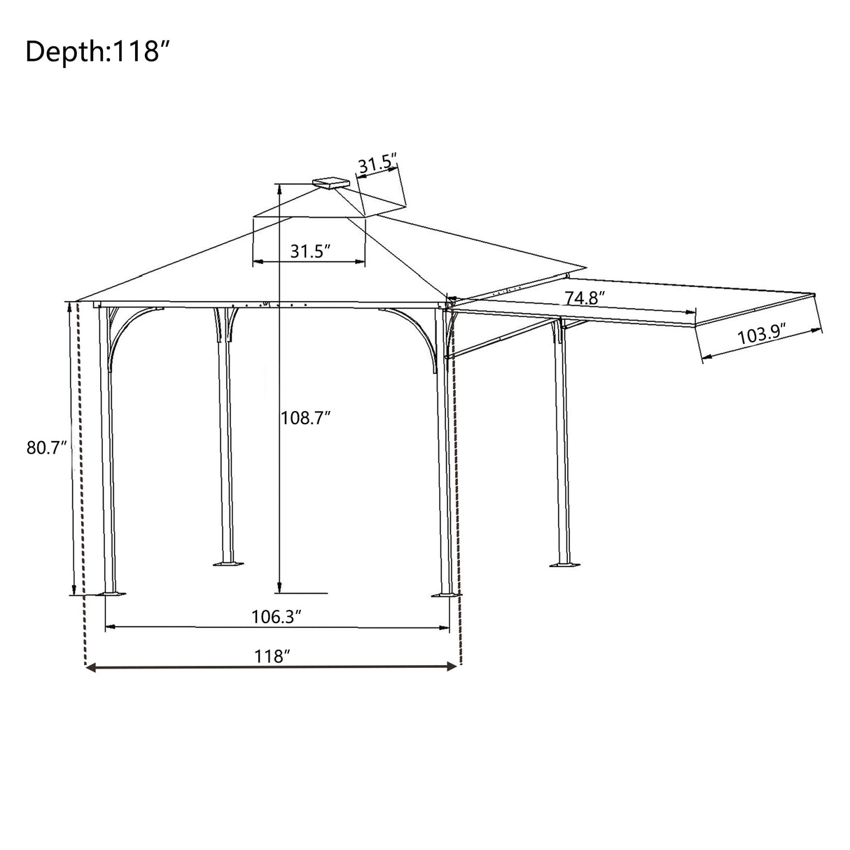 TOPMAX Patio 9.8ft.L x 9.8ft.W Gazebo with Extended Side Shed/Awning and LED Light for Backyard,Poolside, Deck, Brown