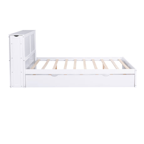 Queen Size Storage Platform Bed with Pull Out Shelves and Twin  XL Size Trundle, White - Home Elegance USA