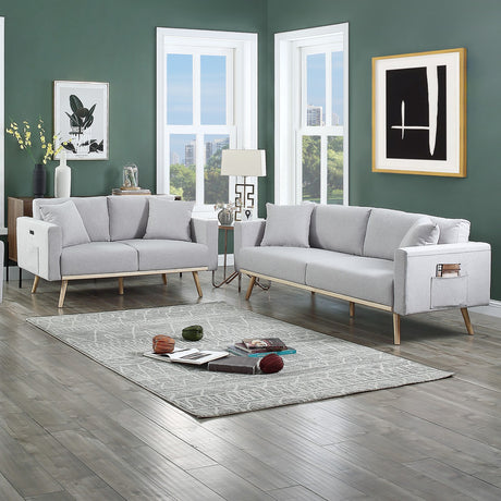 Easton Light Gray Linen Fabric Sofa Loveseat Living Room Set with USB Charging Ports Pockets & Pillows Home Elegance USA