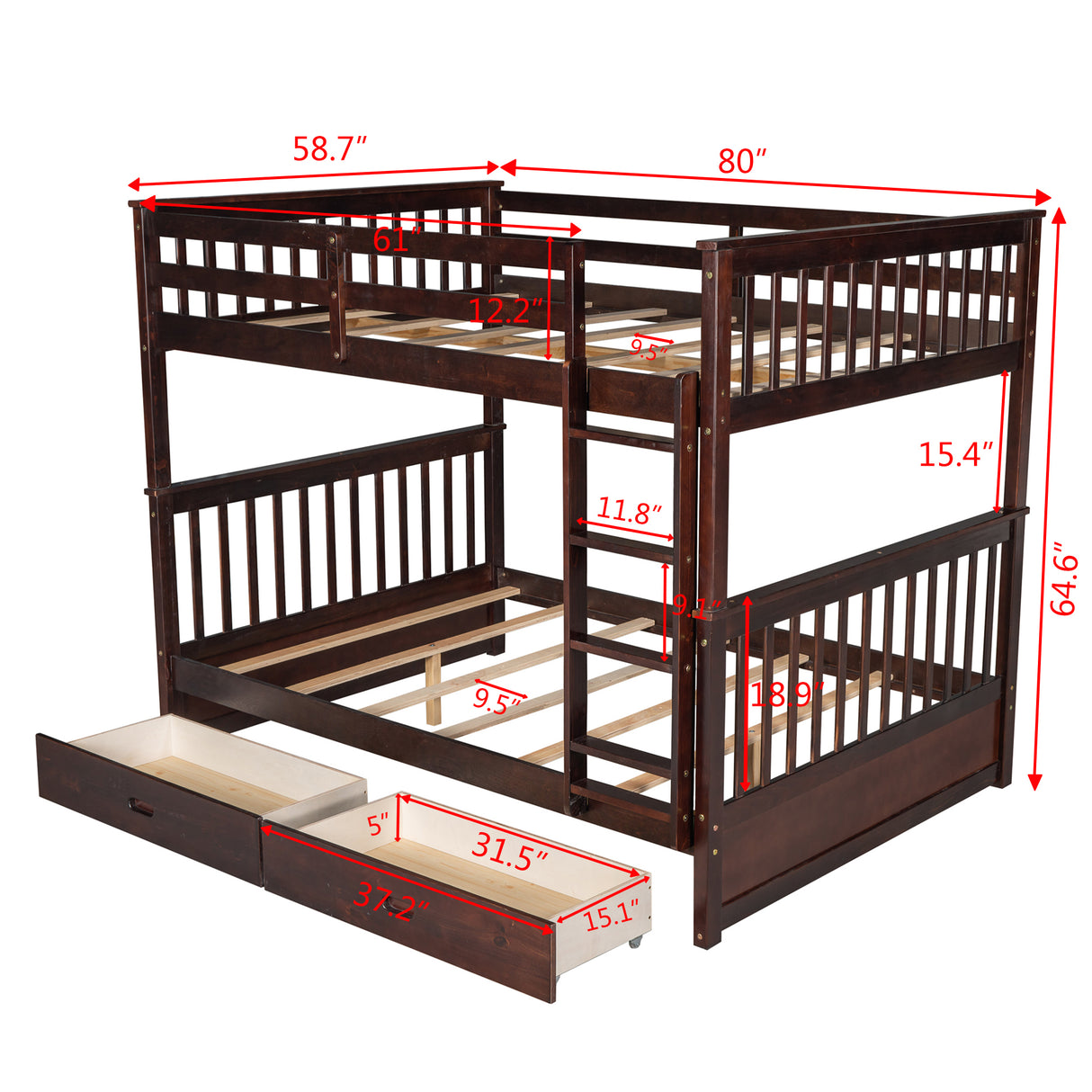 Full-Over-Full Bunk Bed with Ladders and Two Storage Drawers (Espresso) - Home Elegance USA