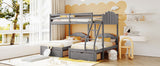 Full Over Twin & Twin Bunk Bed, Velvet Triple Bunk Bed with Drawers and Guardrails, Gray - Home Elegance USA