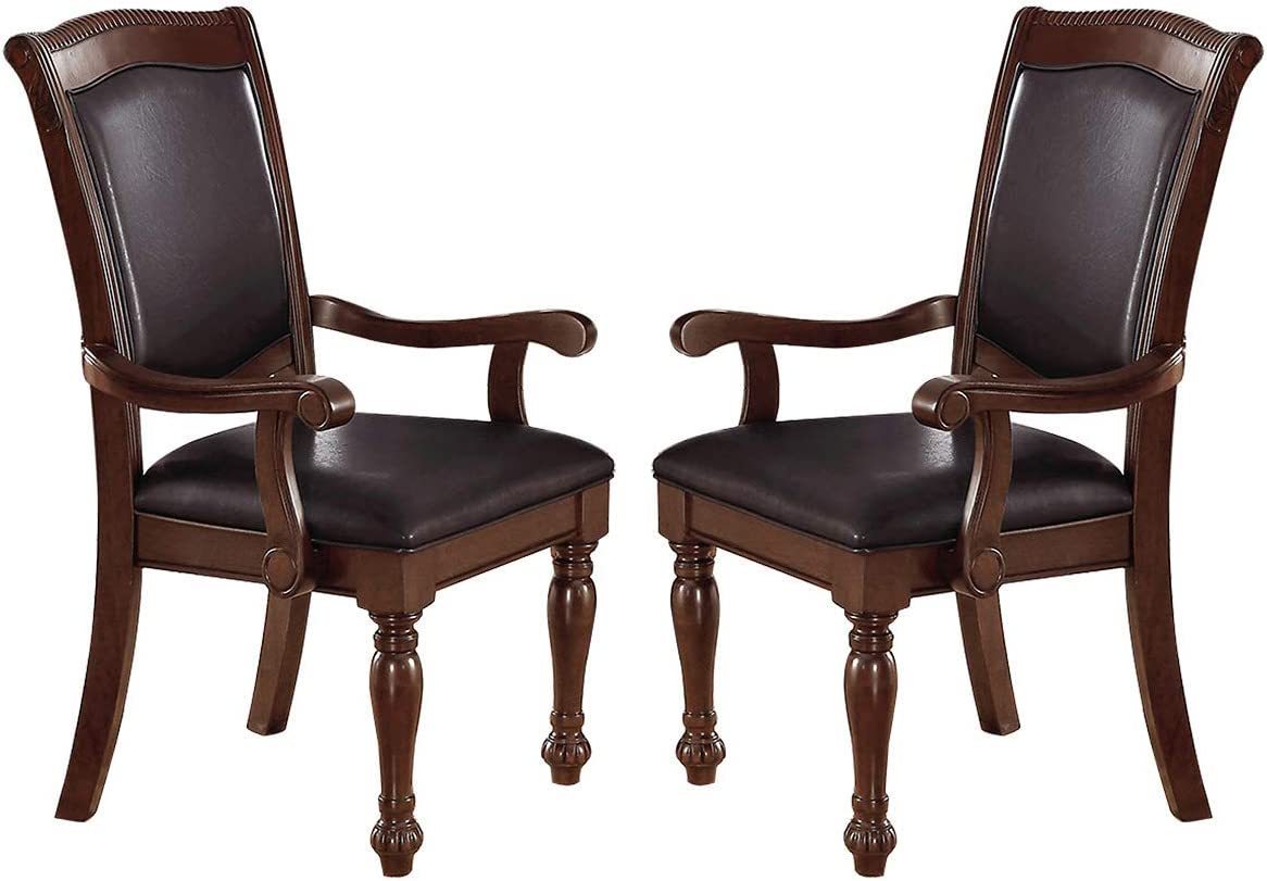 Royal Majestic Formal Set of 2 Arm Chairs Brown Color Rubberwood Dining Room Furniture Faux Leather Upholstered Seat - Home Elegance USA