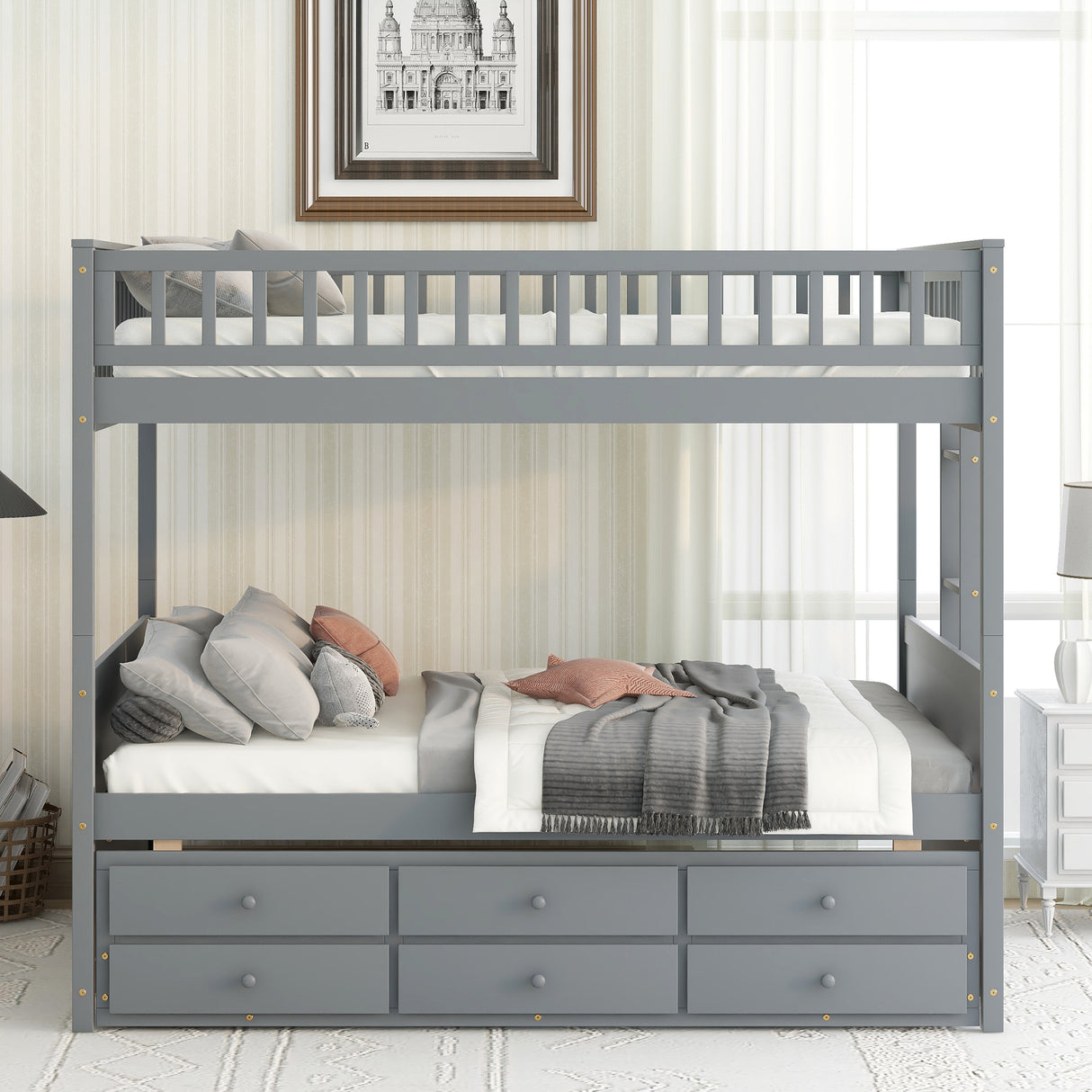 FULL OVER FULL BUNKBED WITH TWIN TRUNDLE AND 3 DRAWERS - Home Elegance USA