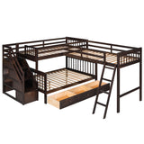 Twin over Full L-Shaped Bunk Bed With 3 Drawers, Ladder and Staircase - Espresso - Home Elegance USA