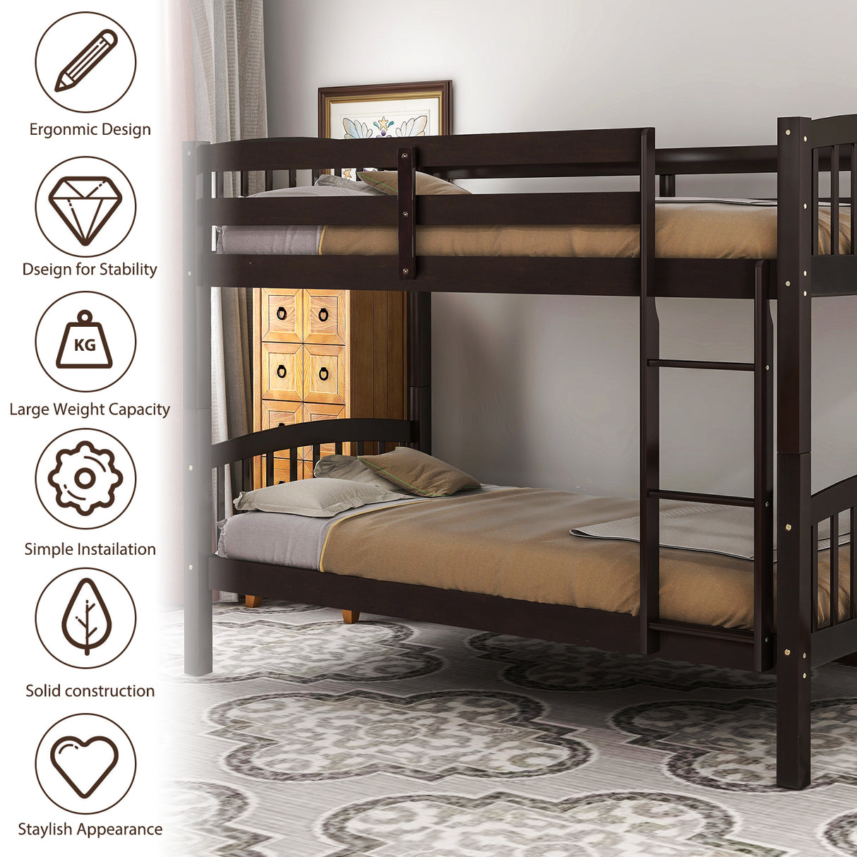 Twin Over Twin Bunk Bed with Ladder,Espresso ( OLD SKU: LP000066AAP) - Home Elegance USA