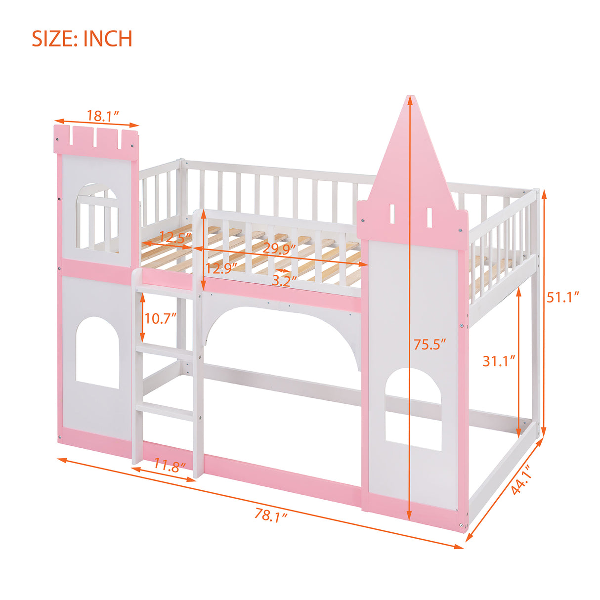 Twin Over Twin Castle Bunk Bed with Ladder - Pink - Home Elegance USA